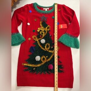 NWT‎ Ugly Christmas Sweater Dress 3D Tinsel Tree Bells Fuzzy Cuffs Red Size M